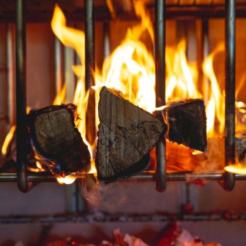 A fireplace with glowing embers and burning firewood in a grate, flames licking the logs.