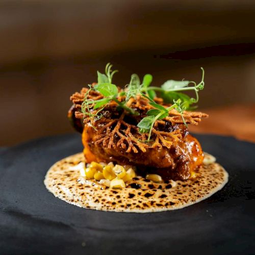 A plated dish featuring a seared protein atop a cracker-like base with a glossy sauce, microgreens on top, and a speckled garnish on a dark plate.